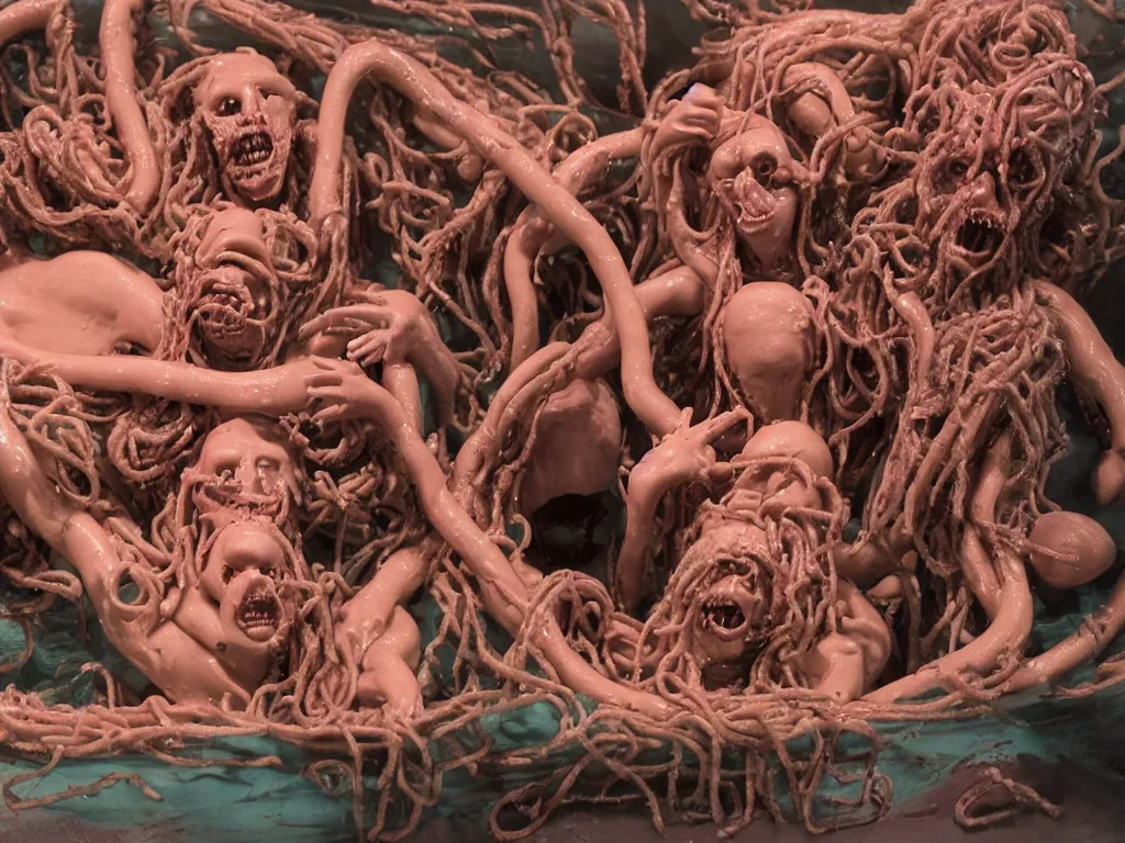 Prompt: the raft of the medusa as an animatronic schlock body horror film, play-doh, neon lights, rubber latex, fleshy, Cronenberg, Rick Baker, dramatic film still, daylight, photo real, extremely detailed, wet, slimy, wide angle, rule of thirds, 28mm, 1984, vivid colors, Eastman EXR 50D 5245/7245