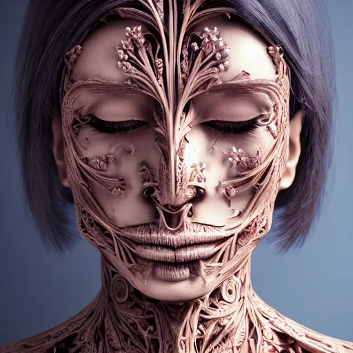 Prompt: beatifull frontal portrait of a woman, 150 mm, anatomical, flesh, flowers, mandelbrot fractal, facial muscles, veins, arteries, symmetric, intricate, golden ratio, full frame, microscopic, elegant, highly detailed, ornate, ornament, sculpture, elegant , luxury, beautifully lit, ray trace, octane render in the style of Trevor brown , robert Mapplethorpe and Terry Richardson