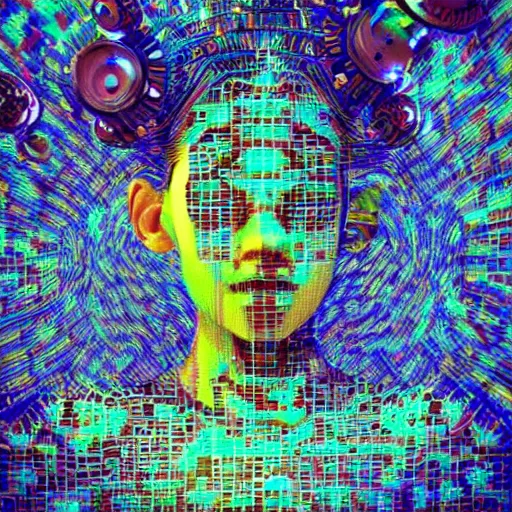 Image similar to deeper into the metaverse we go, piles of modular synth cables, puerto rican goddess swimming up wearing a headpiece made of circuit boards, by cameron gray, wlop, stanley kubrick, masamune, hideki anno, jamie hewlett, unique perspective, trending on artstation, 3 d render, vivid pastel colors