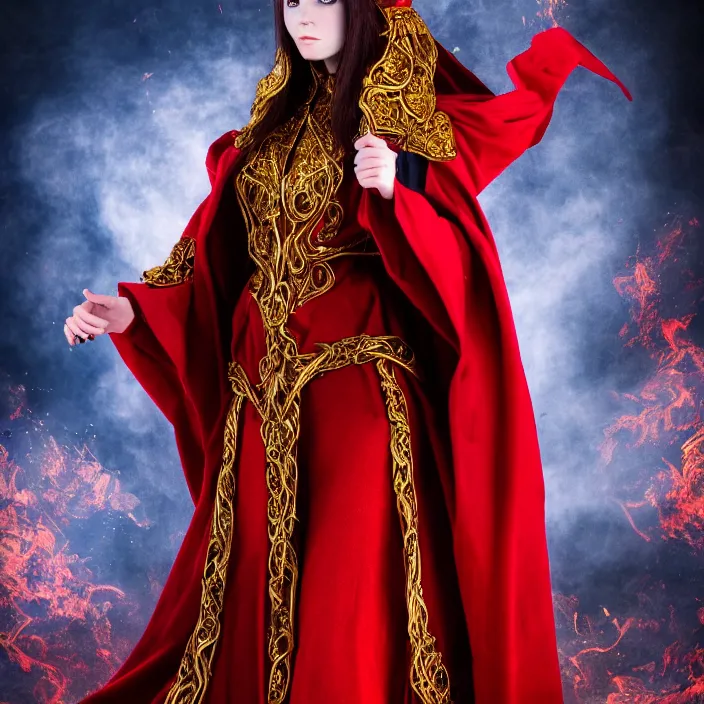 Image similar to full body photo of a very beautiful!! elemental fire witch with ornate red robes, highly detailed, 4 k, hdr, smooth, sharp focus, high resolution, award - winning photo