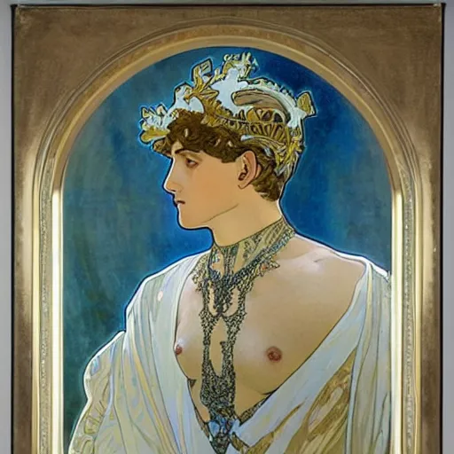 Image similar to an elegant white and gold acrylic painting of a roman emperor, by alphonse mucha