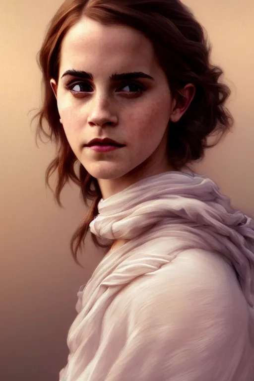 Prompt: full portrait of a beautiful Emma Watson, Regal, Realistic, Refined, highly Detailed Digital Art, Oil Painting, William-Adolphe Bouguereau, WLOP, Dynamic lighting, daily deviation, beautiful character illustration by Greg Rutkowsktrending on artstation, Cinematic Lighting, Unreal Engine, 8k, HD