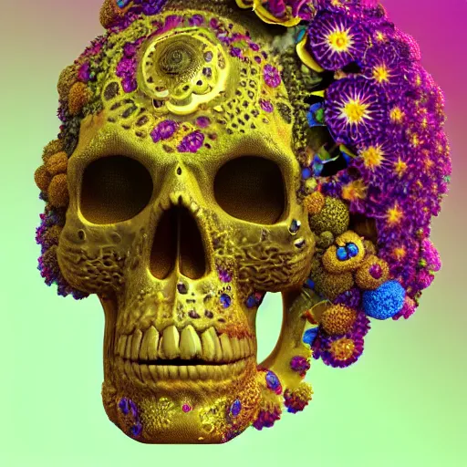 Image similar to fractal golden skull face with an afro made of flowers, third eye art art by machina infinitum, complexity from simplicity, rendered in octane, mandelbulb 3 d, ambient occlusion, macro photography, black opal