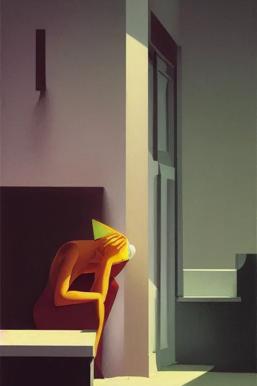 Image similar to woman put the trash bin through her head Edward Hopper and James Gilleard, Zdzislaw Beksisnski, higly detailed