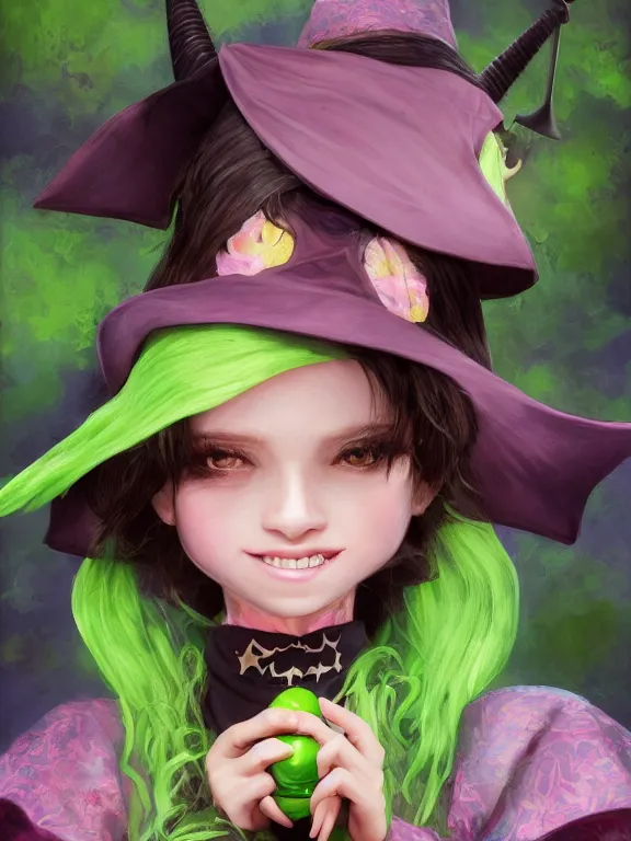 Prompt: Full shot of a cute mischievous young witch about to get up to some trouble with her playful bat familiar. Latin American fashion. Floral patterns. Bats. Black and Pink and Lime Green palette. Magic. Latina girl. brown skin. defined facial features, symmetrical facial features. Smiling. By Ruan Jia and Artgerm and Range Murata and WLOP and Ross Tran and William-Adolphe Bouguereau. Key Art. Fantasy Illustration. award winning, Artstation, intricate details, realistic, Hyperdetailed, 8k resolution.
