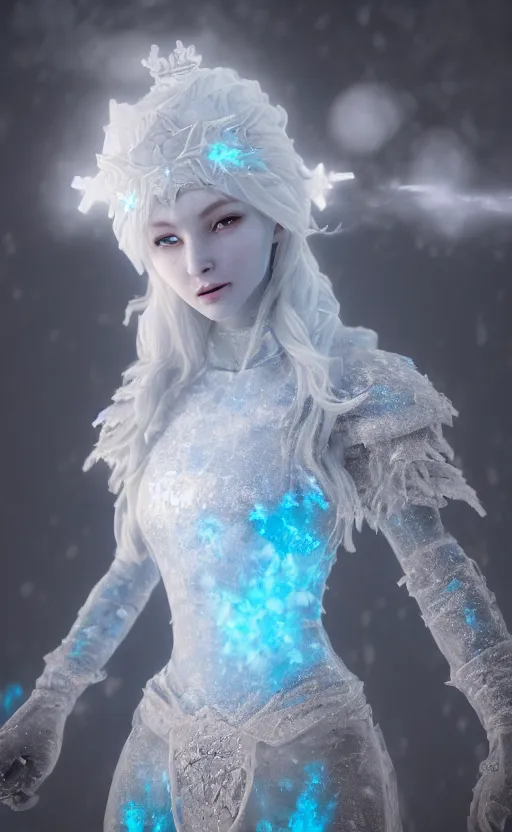 Image similar to ice goddess with beautiful face with a glowing blue crystal on her forehead, frosty white eyes, winter mist around her, white plated armor, pale skin, white smoke, photorealism, octane render, frostbite, 8 k, cinematic, 3 5 mm