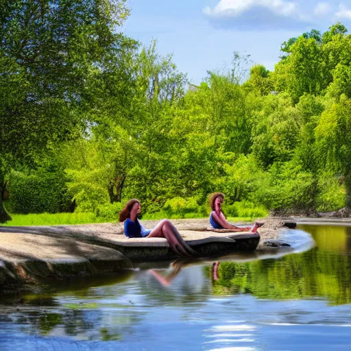 Prompt: Two sisters sitting on the bank, relaxing on a sunny day photograph, hyper-realistic, clear day, 8k resolution, maximum detail