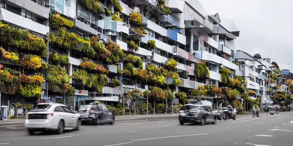 Image similar to a street in wellington new zealand where multiple buildings are covered in living walls made of endemic new zealand epiphyte species. patrick blanc. people walking on street. cars parked. windy day. 2 5 0 meter high hills in distance