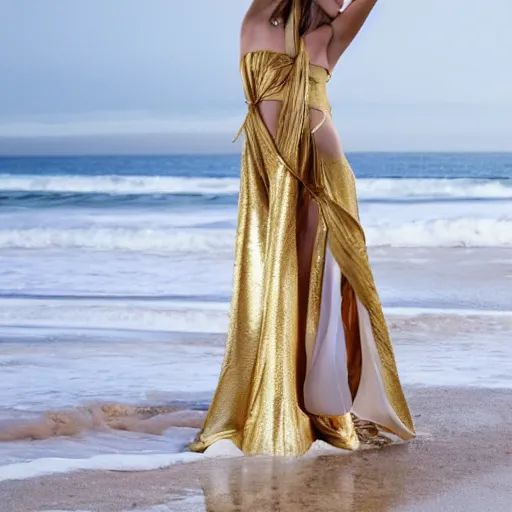 Image similar to female supermodel wearing golden jewelry, luxurious photoshooting, white blanket, beach