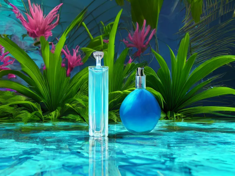 Prompt: perfume bottle standing in a desert oasis in deep blue pond water surrounded by tropical flowers by zaha hadid ; octane highly render, 4 k, ultra hd, 2 0 0 mm, mute dramatic colours, soft blur outdoor stormy sea background, illuminated lighting