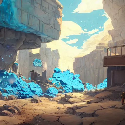 Image similar to concept art painting of a mineshaft with giant blue crystals, realistic, detailed, cel shaded, in the style of makoto shinkai and greg rutkowski and james gurney