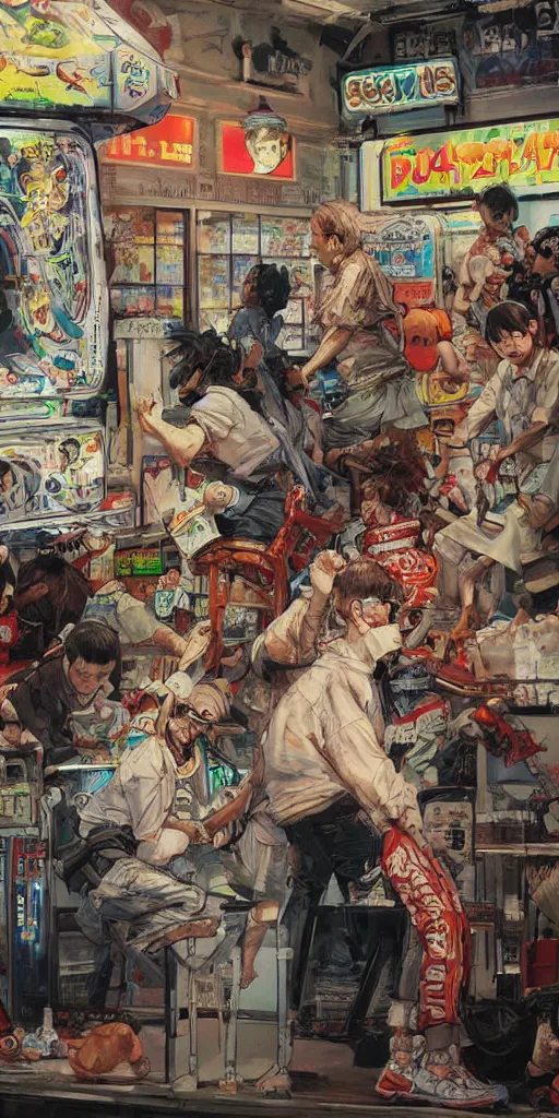 Image similar to oil painting scene from amusement arcade by kim jung gi