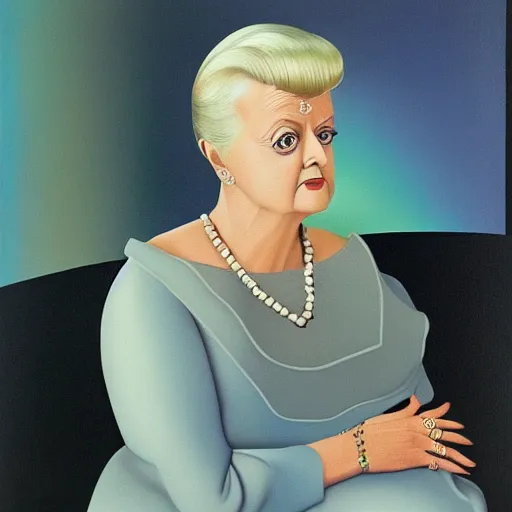 Image similar to very beautiful portrait of dame angela lansbury wearing pearls, detailed and colorful and painted by rene magritte