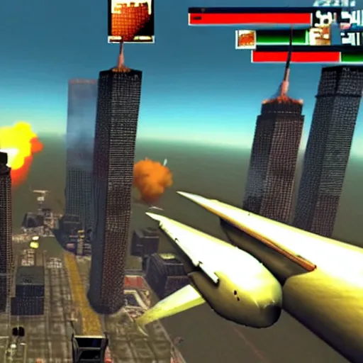 Prompt: a screenshot from the video game super 9 / 1 1, in which players control planes and intend to hit as many towers as possible, multiplayer party game, video game screenshot