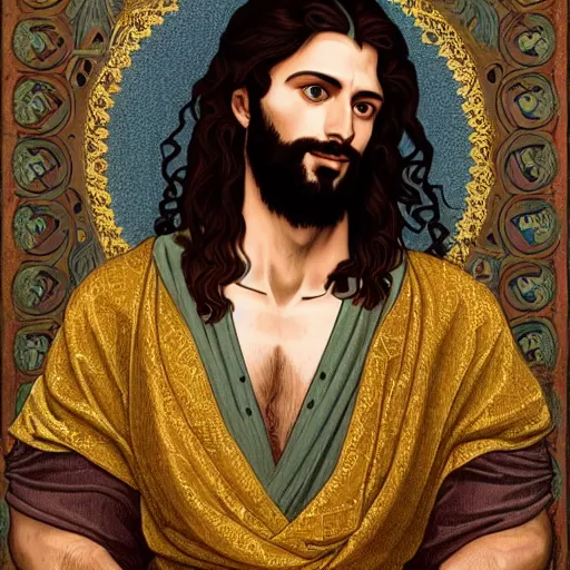 Image similar to an extremely detailed illuminated manuscript of a ridiculously good looking jesus that looks like a jewish gigachad with his 1 2 apostle entourage, long curly hair, elegant ancient greek dress, very detailed, windy beach, beautiful, intricate, cinematic, artstation, william bouguereau, alphonse mucha, greg rutkowski, rossdraws, octane render