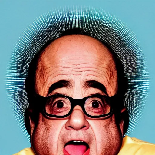 Prompt: reaction-diffusion pattern forming the image of Danny DeVito as an album cover