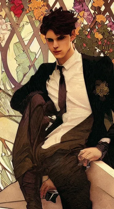 Image similar to Pretty catboy in his twenties wearing fancy clothes. Beautiful digital art by Greg Rutkowski and Alphonse Mucha