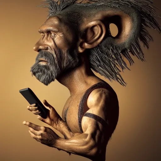 Image similar to realistic photo portrait of a prehistoric man giving a phone call, volumetric lights, trending on artstation, studio photo, intricate details, highly detailed