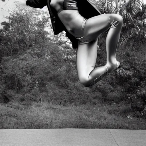 Prompt: a solarpunk cyborg jumping, jete, in the syle of helmut newton, herb rits, hyperrealistic photograph, 8 k