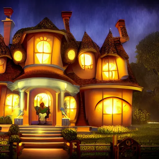 Prompt: disney movie encanto house but its haunted, spooky faces, halloween movie, cartoon pixar style, anime volumetric lighting, 3d model pixar render