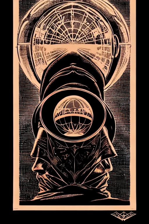 Image similar to cloaked steampunk wizard gazing into a crystal ball, high details, intricately detailed, by vincent di fate, inking, 3 color screen print, masterpiece, trending on artstation,, sharp, details, hyper - detailed, hd, 4 k, 8 k