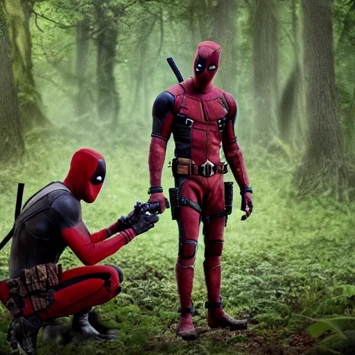 Image similar to deadpool and groot in the woods playing digital art 4 k detailed