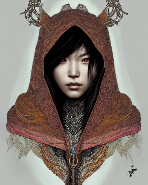 Image similar to Portrait of a female kajit, korean face features, wearing hood, dark fantasy, intricate, elegant, highly detailed, digital painting, artstation, concept art, smooth, sharp focus, illustration, art by Sam Youn and Fernanda Suarez and Artem Demura and alphonse mucha