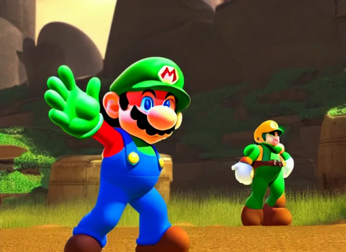 Prompt: mario!!!! and masterchief!!!!!!! in 3 d video game screenshot!!! from the new master chief video game mario halo master chief mario mario