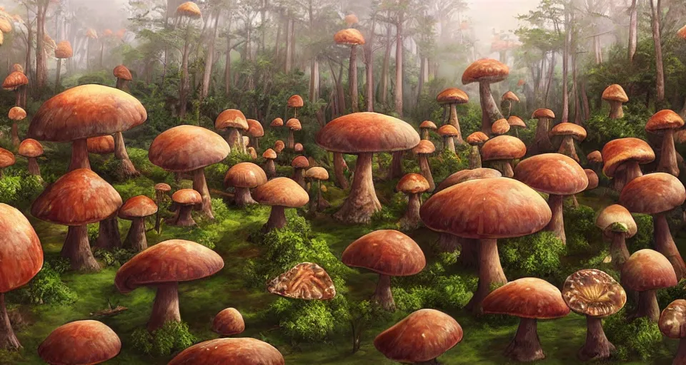 Prompt: A tribal village in a forest of giant mushrooms, by ARTGERM