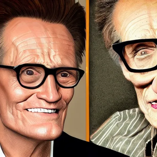 Image similar to hyperrealistic portrait of jim carrey as larry king, looking old and decrepit and dressed like an old gay man