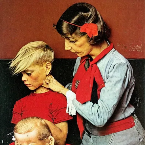 Image similar to A proud mother cutting her son's hair artwork by Norman Rockwell