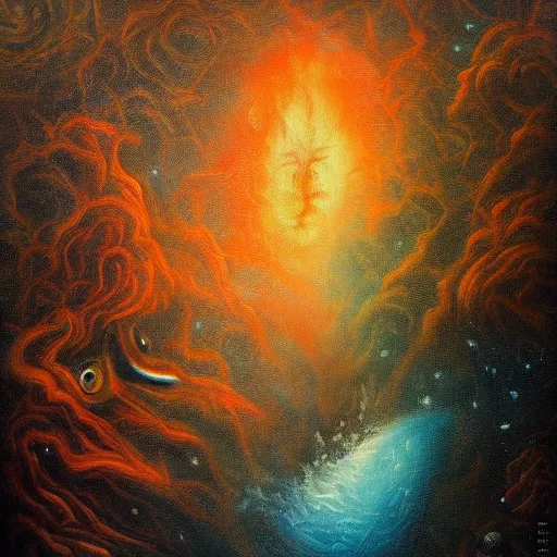 Image similar to highly detailed surrealist painting of deep sadness alone, expressive emotional piece, trending on art station, emotional expression, lost in the jungle forrest tropical ocean fire water ice earth galactic cosmic nebula