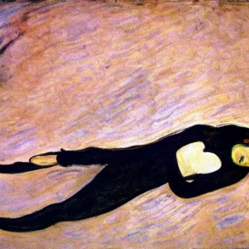 Image similar to subdued aerial view by edvard munch. a street art of a woman reclining on a bed.