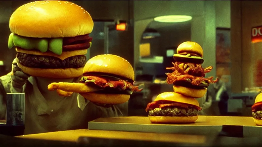 Prompt: the strange cheeseburger creature loves everybody at the fast food place, film still from the movie directed by denis villeneuve and david cronenberg with art direction by salvador dali and zdzisław beksinski, wide lens