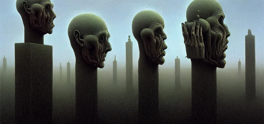 Image similar to highly detailed horror dystopian surreal painting of eerie head statues and buildings by zdzisław beksinski