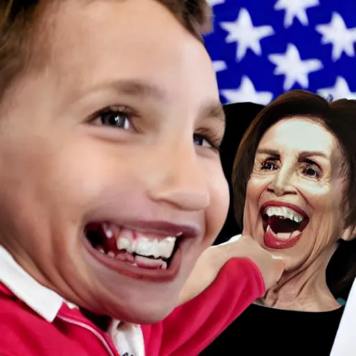 Image similar to a very excited young man with an open mouth smile, drooling over a tiny nancy pelosi on a plate