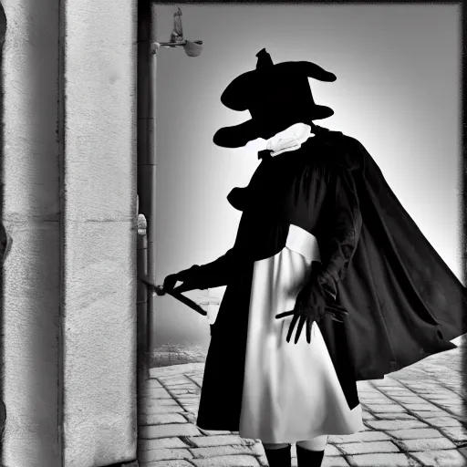 Prompt: A plague doctor wearing a french maid dress, security camera photo, 4k, black and white, ghostly, dark