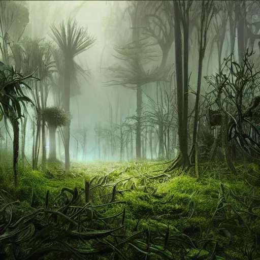 Prompt: A realistic detailed photo of a neon jungle, alien plants, grey sky, hidden animals, some fallen trees, foggy landscape, light particles, detailed light, realistic shaders, trending on artisation, detailed textures, detailed, realistic, mushroom forest.