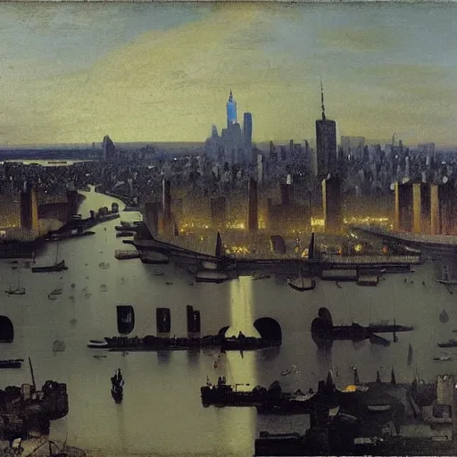 Image similar to painting of new york city in 1860 by Jan Vermeer,