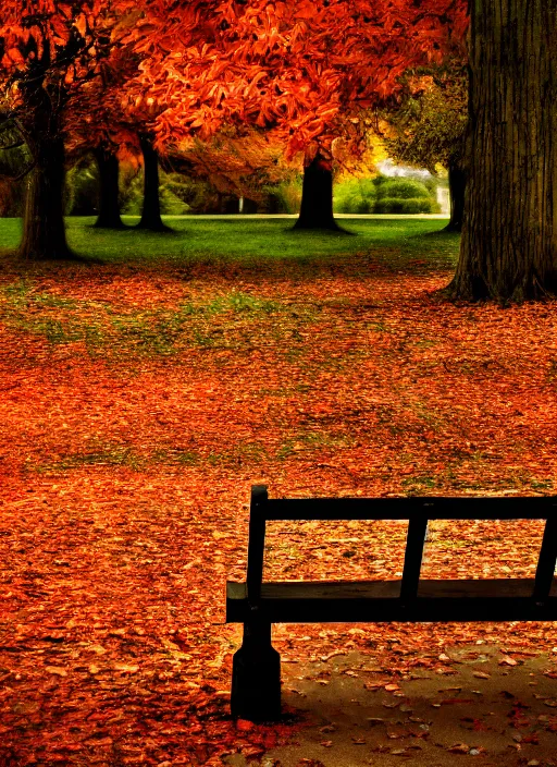 Image similar to conceptual photography portrait of an old man on a park bench fading into nothing, autumn tranquility, forgetfulness, fading to dust and leaves, oblivion, inevitability, aging, surreal portrait, moody, deep oranges and browns, color toning, hopeless, 4 k