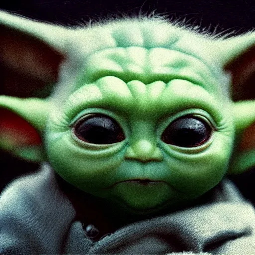 Image similar to detailed cinematic moody colors studio portrait of baby yoda, grogu, high quality by jeremy mann, only one head single portrait