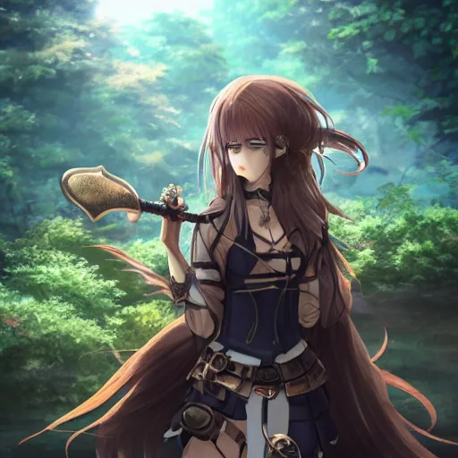 Image similar to anime girl wearing steampunk armor and holding a copper sword, portrait, finely detailed, particles, cinematic lighting, beautiful, lush, trees, river, fog, waterfall,