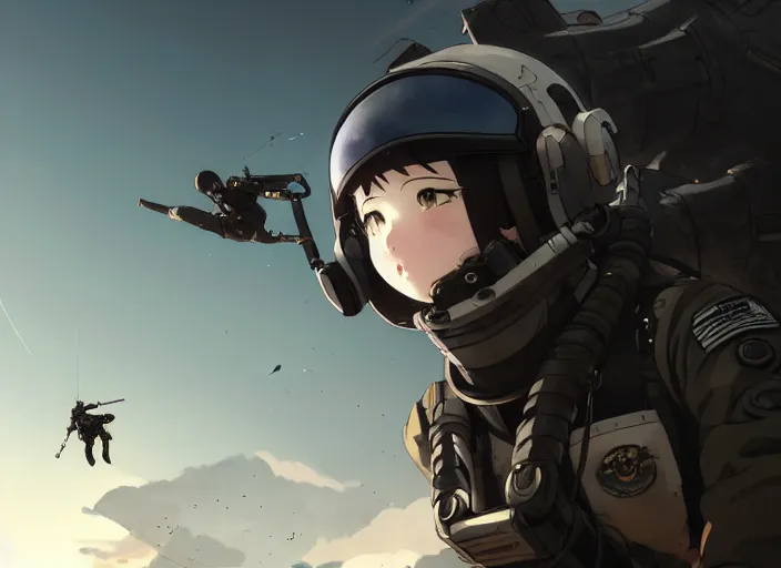 Image similar to portrait of pilot girl parachuting behind enemy lines, black sky background, chaotic landscape, illustration concept art anime key visual trending pixiv fanbox by wlop and greg rutkowski and makoto shinkai and studio ghibli and kyoto animation, kaki body suit, wires, odst, oxygen mask, military gear, grimdark, volumetric lighting