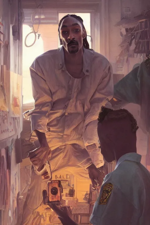 Image similar to male cottagecore snoop dogg, Calvin Cordozar Broadus Jr., police raid in the ghetto, peopl getting arrested, intricate, swagger, highly detailed, digital painting, artstation, concept art, smooth, sharp, focus, illustration, art by artgerm and greg rutkowski and alphonse mucha