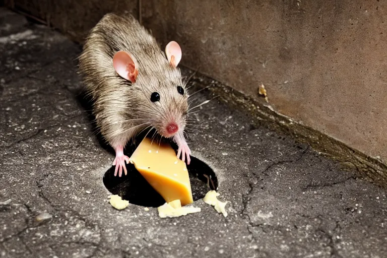 Image similar to a mutant disgusting rat eating cheese in a sewer, photograph, terror, horror, mutant,