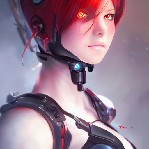 Prompt: A realistic anime painting of a beautiful cyborg woman with glowing red eyes. digital painting by Stanley Artgerm Lau, Sakimichan, WLOP, Makoto Shinkai, Rossdraws, Pixivs, digital painting. trending on Pixiv. SFW version —H 1024