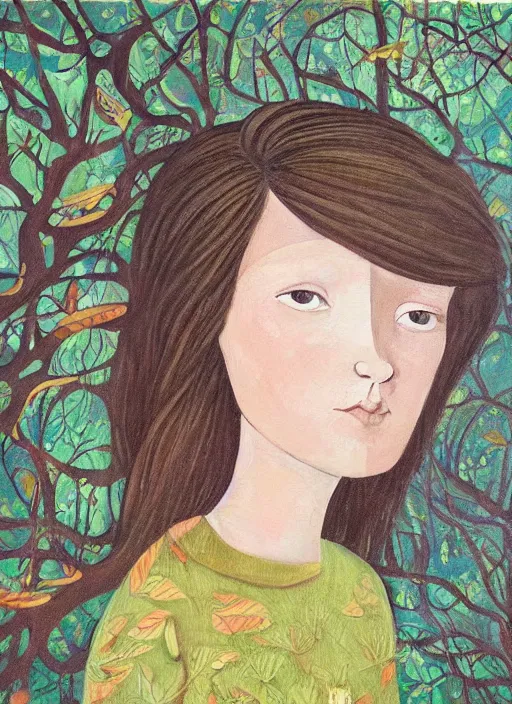 Image similar to a wonderful childrens illustration portrait painting of a woman with serene emotion, art by tracie grimwood, forest, trees, many leaves, birds, whimsical, aesthetically pleasing and harmonious natural colors