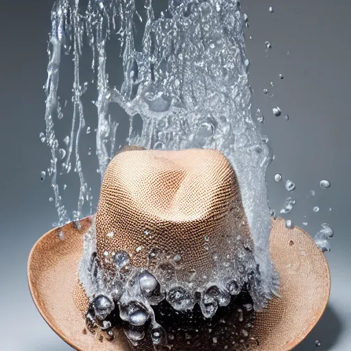 Prompt: a beautiful hat made out of a splashing water, on a mannequin. high quality, high resolution, studio lighting