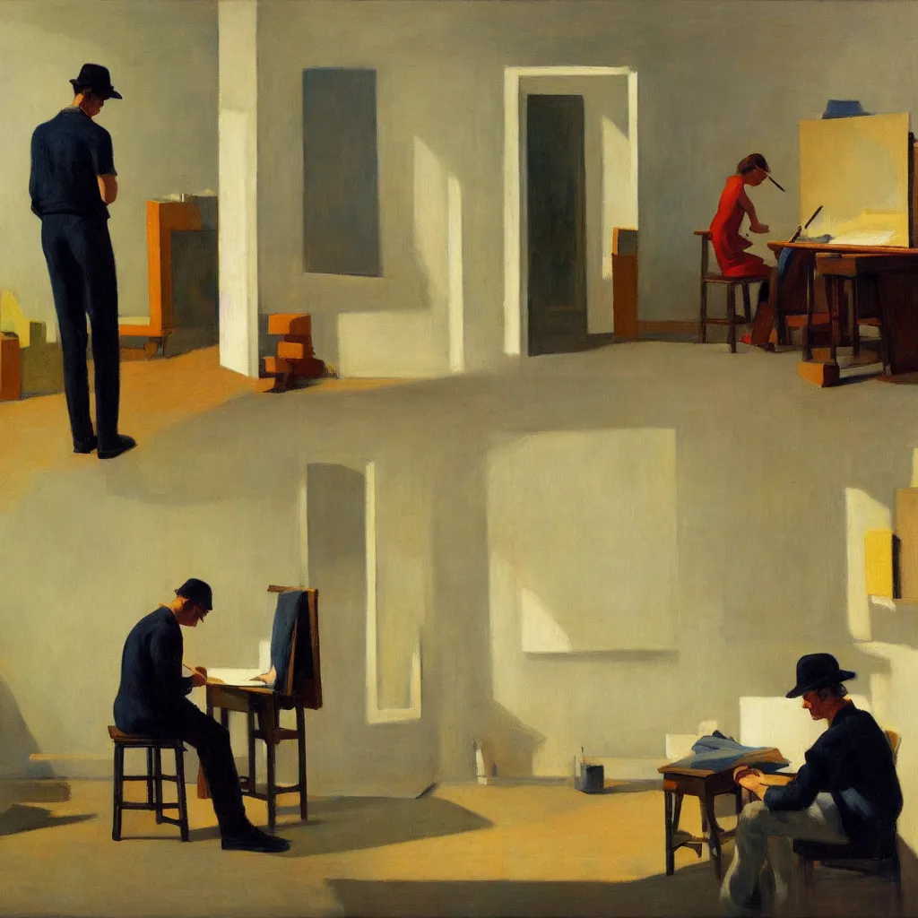 Image similar to painting of a artist, creating in his studio alone, in a huge studio, in the style of edward hopper