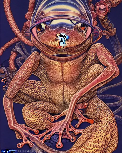 Image similar to hyper detailed illustration of a frog, intricate linework, lighting poster by moebius, ayami kojima, 9 0's anime, retro fantasy